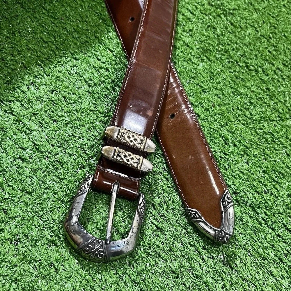 Vintage‎ BRIGHTON Belt Women's SM Brown LEATHER 90s SILVER Brass Buckle 27